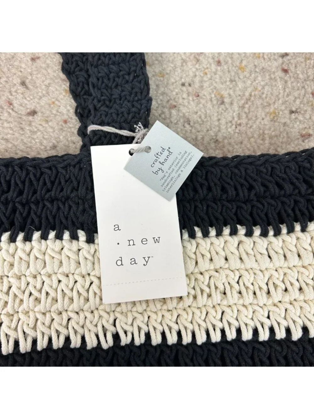 NEW A New Day Hand Crafted Woven Tote Bag Black & Ivory Crochet
